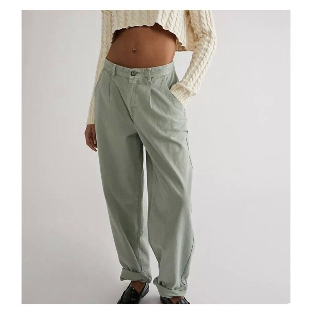 Free People Sage Green Relaxed Twill Trousers